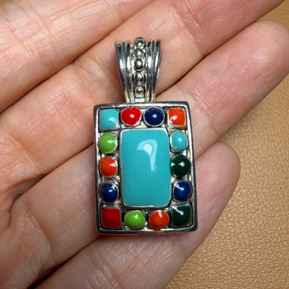 Vintage Style Sterling Silver Tone Turquoise Multi-Gemstone Pendant - Picture 1 of 9